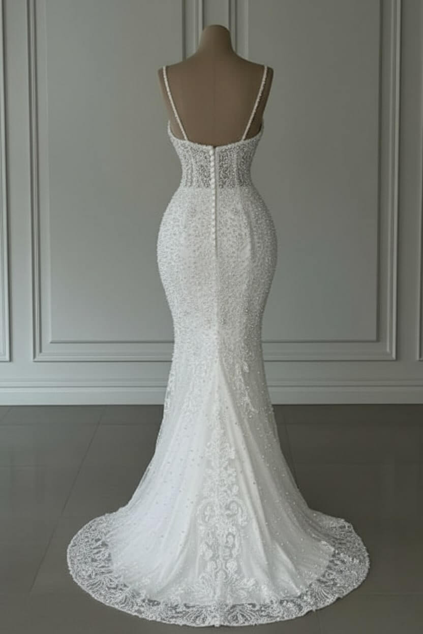 White Wedding Dress Mermaid Sweetheart Beaded Sleeveless Bridal Gown With Pearls