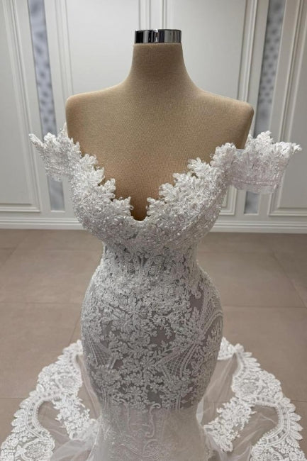 White Wedding Dress Mermaid Sweetheart Off The Shoulder Chapel Train Lace Tulle Bridal Gown With Appliques