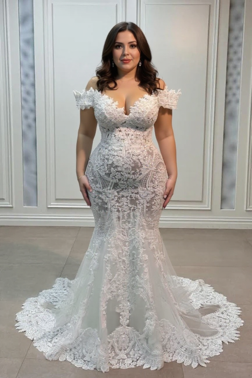 White Wedding Dress Mermaid Sweetheart Off The Shoulder Chapel Train Lace Tulle Bridal Gown With Appliques