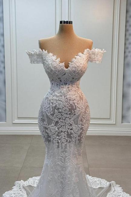 White Wedding Dress Mermaid Sweetheart Off The Shoulder Lace Tulle Bridal Gown With Appliques