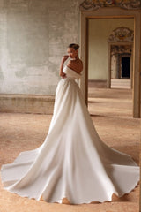 White Wedding Dress Mermaid Sweetheart Off The Shoulder Sleeveless Panel Train Satin Bridal Gown With Pearls
