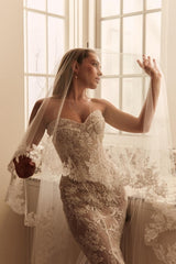 White Wedding Dress Mermaid Sweetheart Sleeveless Sweep Train Tulle Lace Bridal Gown With Appliques
