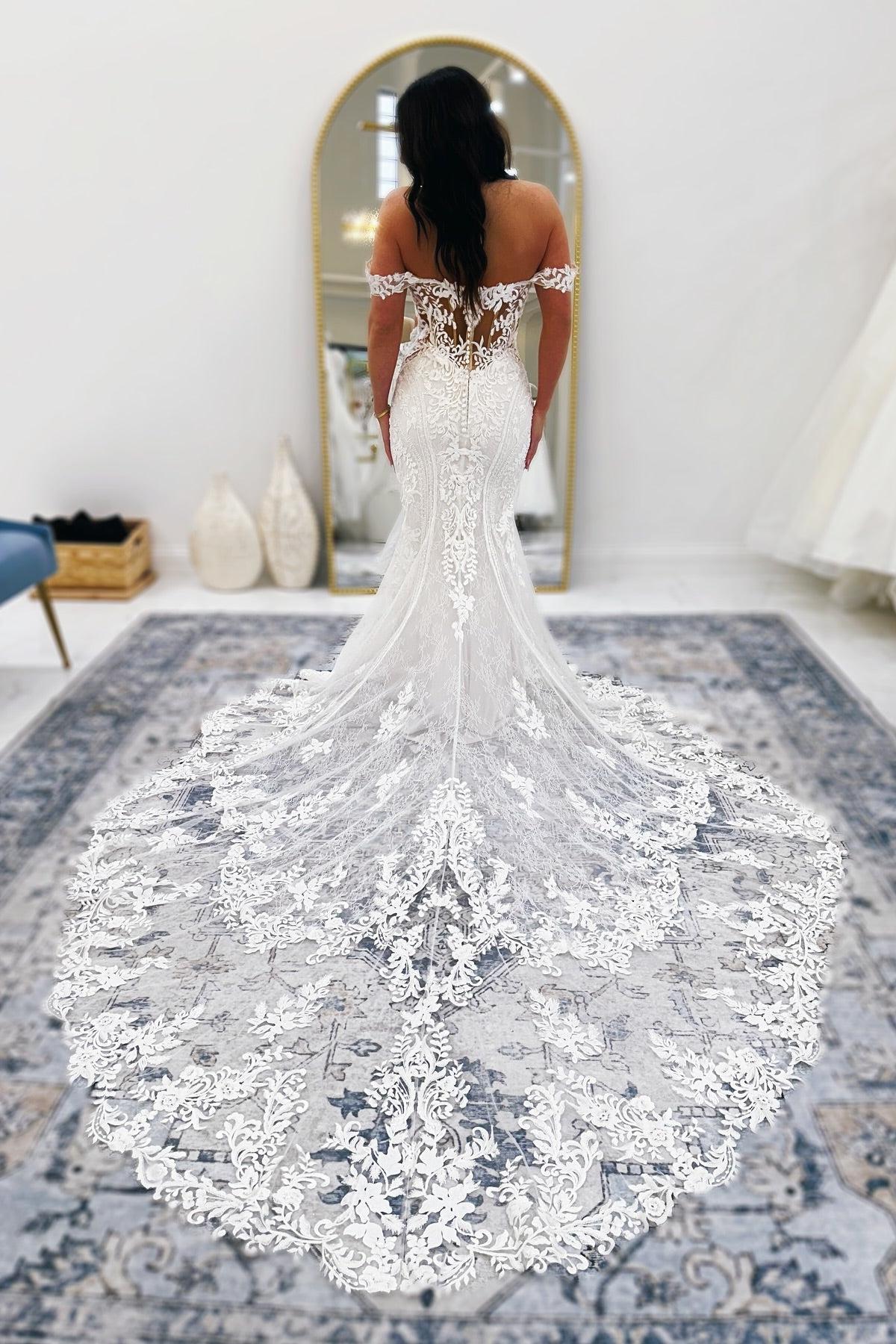 White Wedding Dress Mermaid V Neck Off The Shoulder Lace Cathedral Train Bridal Gown With Appliques