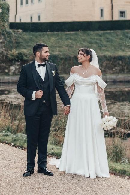 White Wedding Dress Off The Shoulder A Line Illusion Lace Sleeve Sweep Train Satin Bridal Gown With Slit