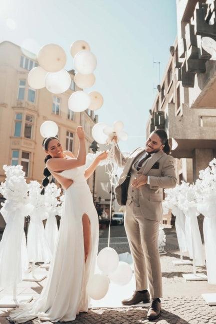 White Wedding Dress One Shoulder Sleeveless Beading Bridal Gown With Slit