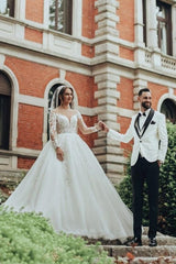 White Wedding Dress Scoop Neck A Line Tulle Lace Bridal Gown With Sleeves