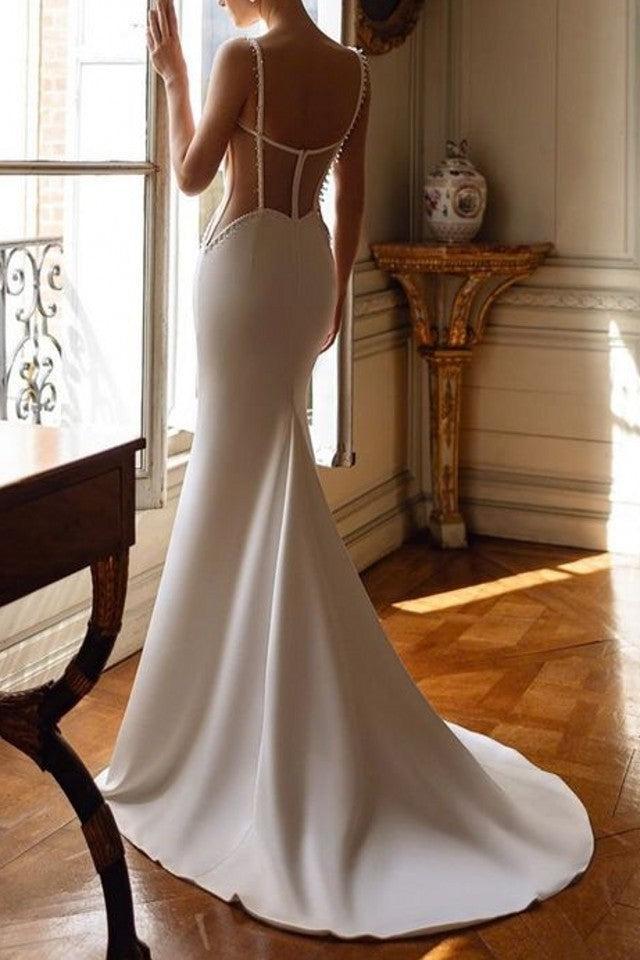 Dreamyannie Women White Wedding Dress Spaghetti Straps Mermaid Beaded Corset  Bridal Dress with Panel Train  Dreamyannie UK