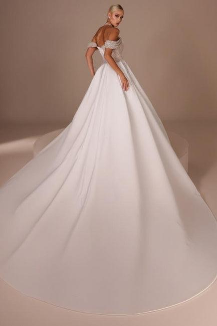 White Wedding Dress Strapless Beaded Off The Shoulder Panel Train Satin Bridal Gown