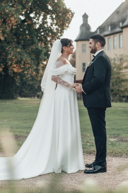 White Wedding Dress Strapless Off The Shoulder A Line Illusion Lace Sleeve Sweep Train Satin Bridal Gown With Slit