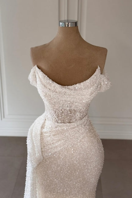 White Wedding Dress Strapless Off The Shoulder Sleeveless Sequined Ruffle Long Tulle Bridal Gown