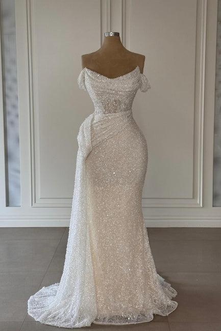 White Wedding Dress Strapless Off The Shoulder Sleeveless Sequined Ruffle Tulle Bridal Gown