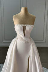White Wedding Dress Strapless Sleeveless Beaded Panel Train Ruffle Satin Bridal Gown With Slit