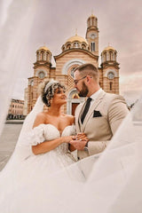 White Wedding Dress Sweetheart Off The Shoulder Ball Gown Beaded Lace Cathedral Train Tulle Bridal Gown