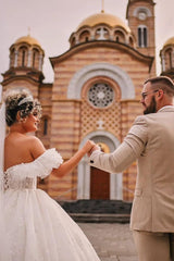 White Wedding Dress Sweetheart Off The Shoulder Ball Gown Beaded Lace Cathedral Train Tulle Bridal Gown