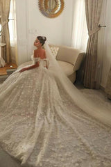 White Wedding Dress Sweetheart Off The Shoulder Sequined Beaded Ball Gown Tulle Bridal Gown