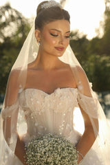 White Wedding Dress Sweetheart Off The Shoulder Sleeveless Sequined Beaded Ball Gown Long Tulle Bridal Gown With Pearls And Appliques