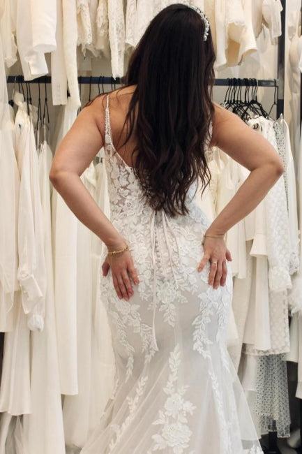 White Wedding Dress Sweetheart Spaghetti Strap Mermaid Tulle Court Train Lace Bridal Gown With Appliques