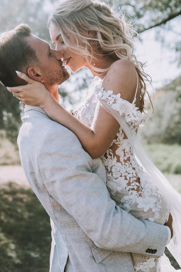 White Wedding Dress V Neck Lace Mermaid Spaghetti Strap Off The Shoulder Cap Sleeves Long Bridal Gown