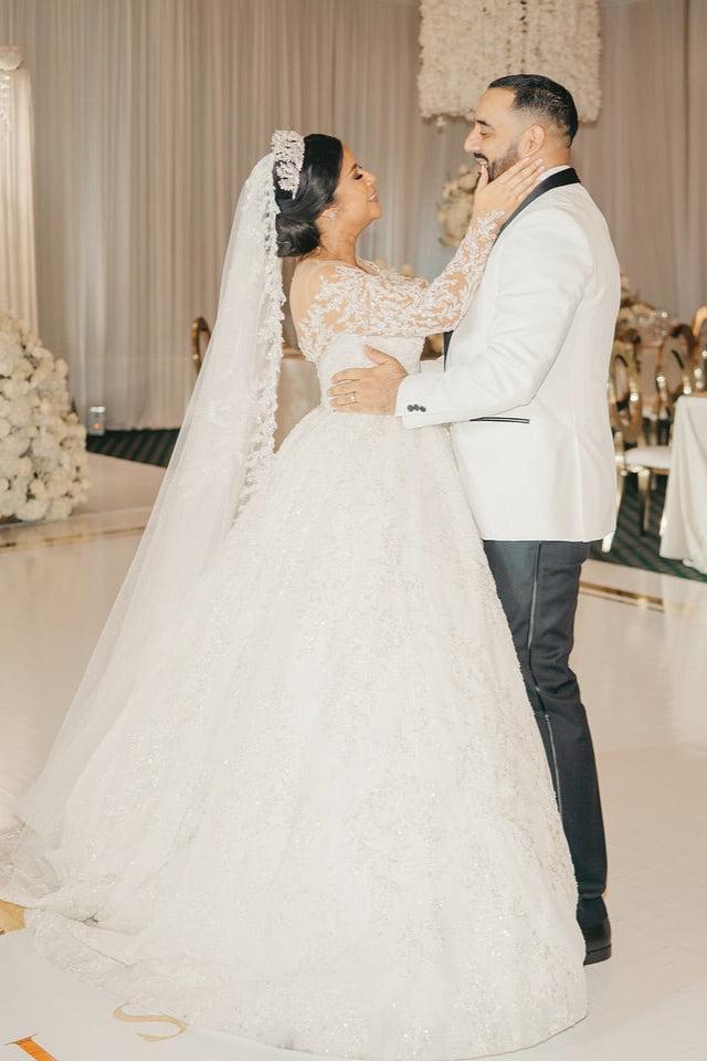 White Wedding Dress V Neck Lace Sequined Ball Gown Long Sleeves Cathedral Train Bridal Gown