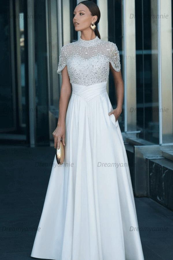 Green A Line Prom Dress Short Sleeve High Neck Beaded Evening Dress