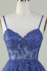 Dark Blue Sparkly Corset A-Line Spaghetti Strap Homecoming Dress