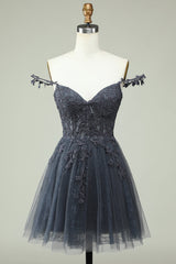 Navy Spaghetti Strap Homecoming Dress with Appliques