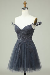 Navy Spaghetti Strap Homecoming Dress with Appliques