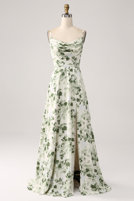 Green Floral A Line Cowl Neck Prom Dress with Slit