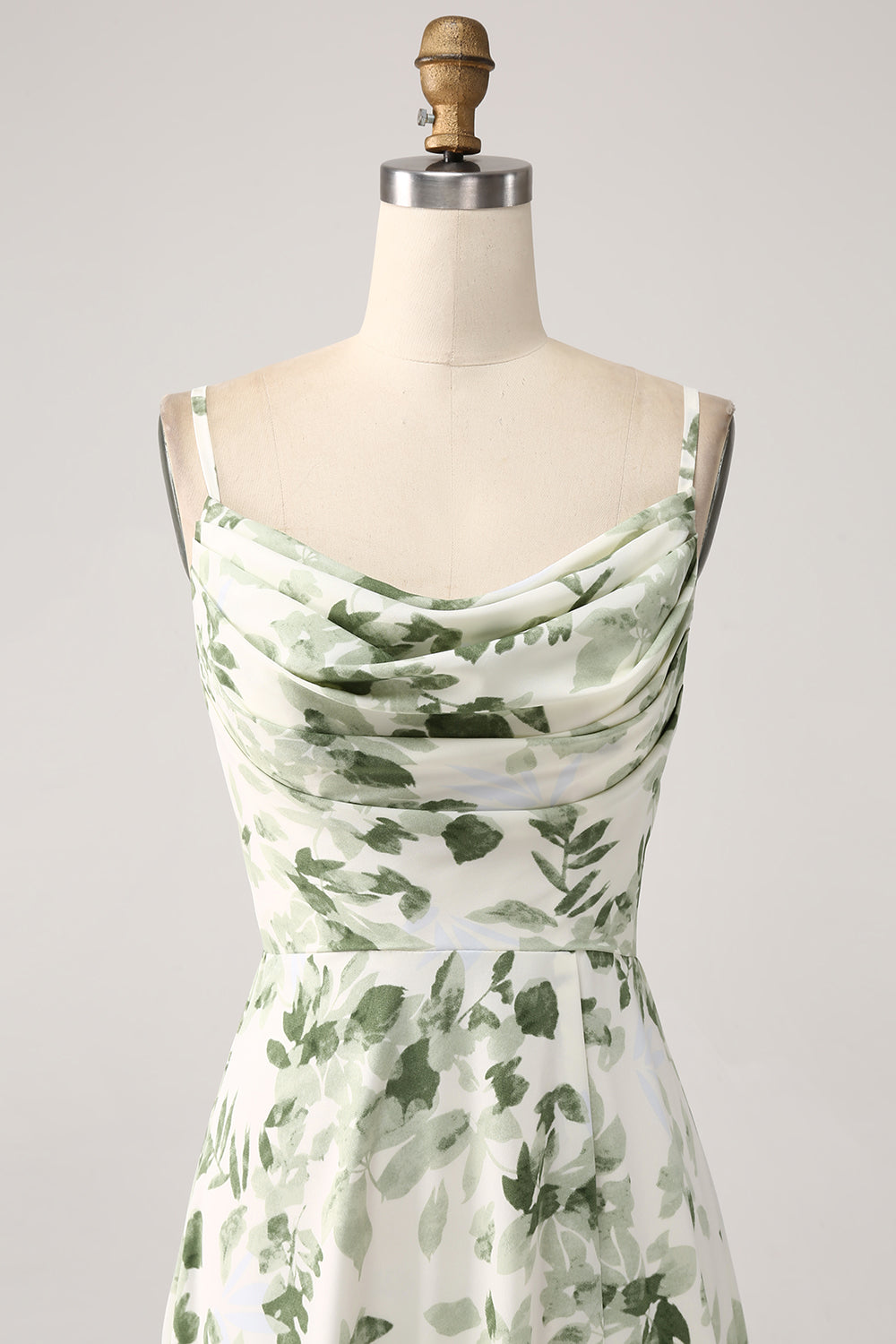 Green Floral A Line Cowl Neck Prom Dress with Slit