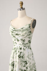 Green Floral A Line Cowl Neck Prom Dress with Slit