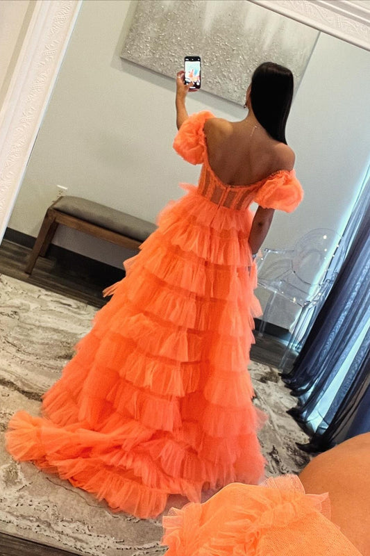 Orange Off The Shoulder Ruffled Long Prom Dress with Slit