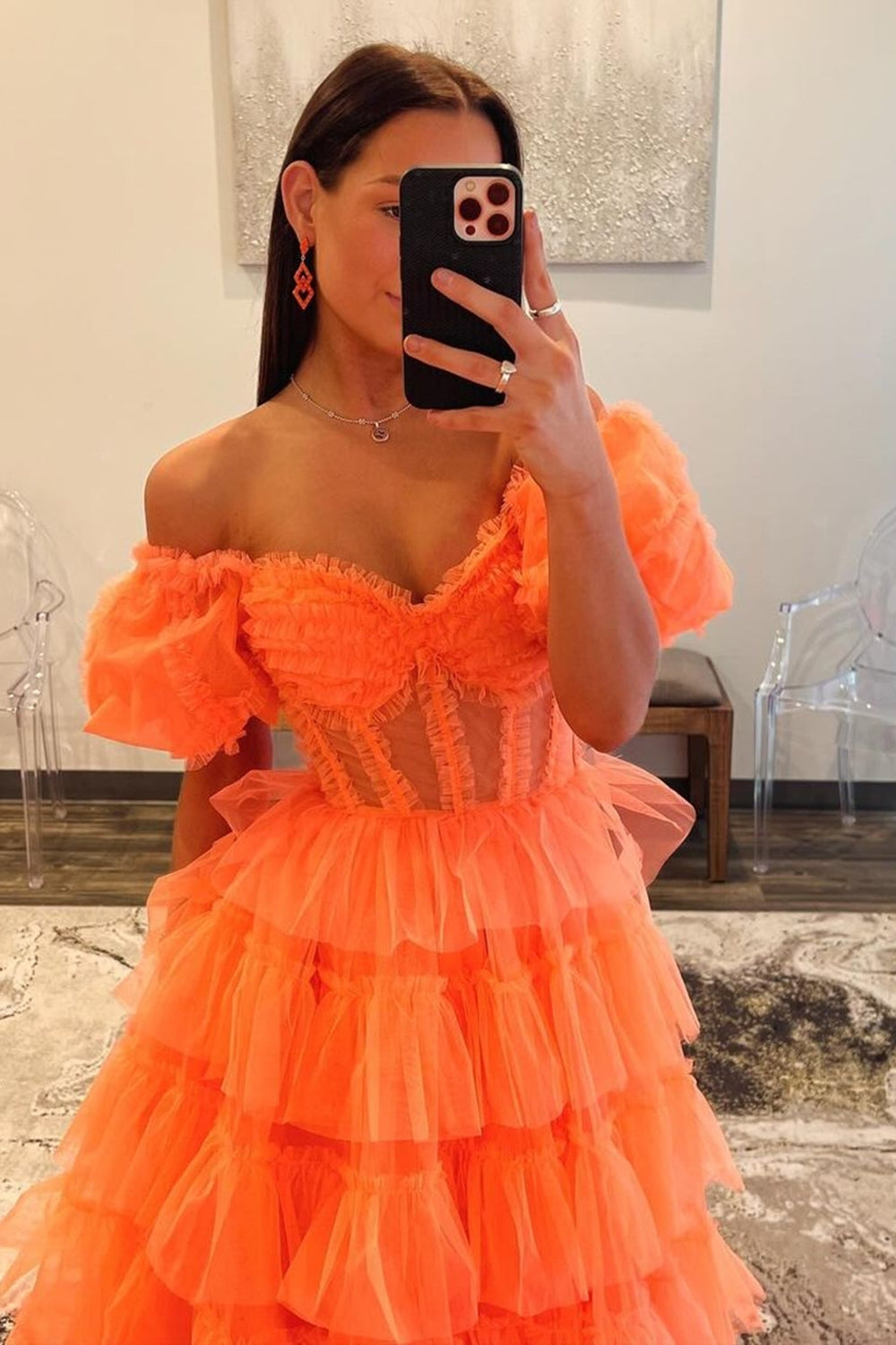 Orange Off The Shoulder Ruffled Long Prom Dress with Slit