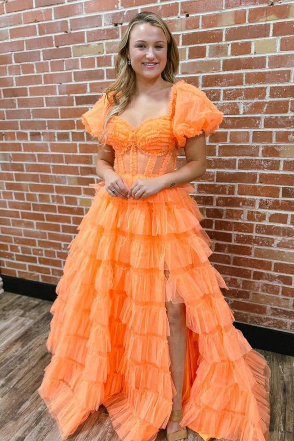 Orange Off The Shoulder Ruffled Long Prom Dress with Slit