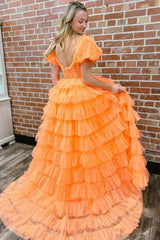 Orange Off The Shoulder Ruffled Long Prom Dress with Slit