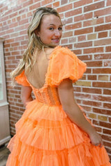 Orange Off The Shoulder Ruffled Long Prom Dress with Slit