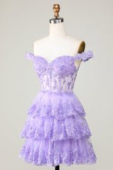 Purple Corset A-Line Tiered Homecoming Dress with Lace