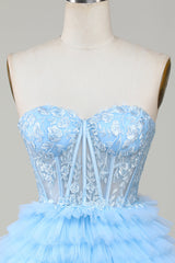 Blue Sweetheart A-Line Corset Short Homecoming Dress with Ruffles