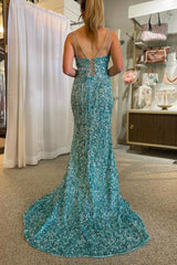 Glitter Golden Mermaid Backless Long Prom Dress With Slit