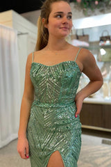 Sparkly Green Spaghetti Straps Mermaid Sequined Long Prom Dress With Slit