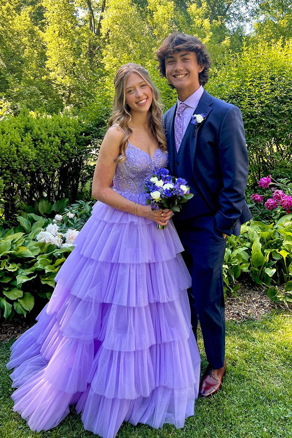 Lilac A Line Tiered Long Corset Prom Dress With Appliques