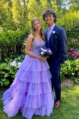 Lilac A Line Tiered Long Corset Prom Dress With Appliques