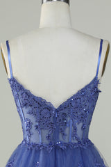 Dark Blue Sparkly Corset A-Line Spaghetti Strap Homecoming Dress