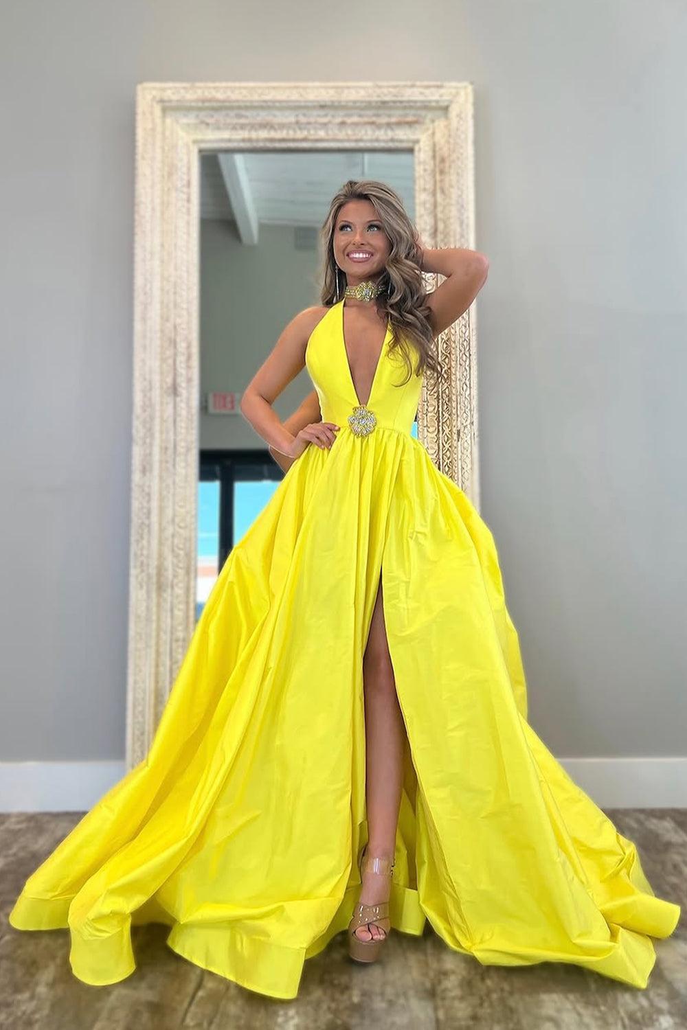 Yellow A-Line Long Satin Prom Dress With Deep V-Neck And Elegant Beading Formal Evening Gown