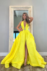 Yellow A-Line Long Satin Prom Dress With Deep V-Neck And Elegant Beading Formal Evening Gown