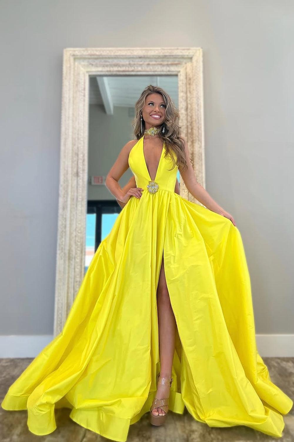 Yellow A-Line Long Satin Prom Dress With Deep V-Neck And Elegant Beading Formal Evening Gown