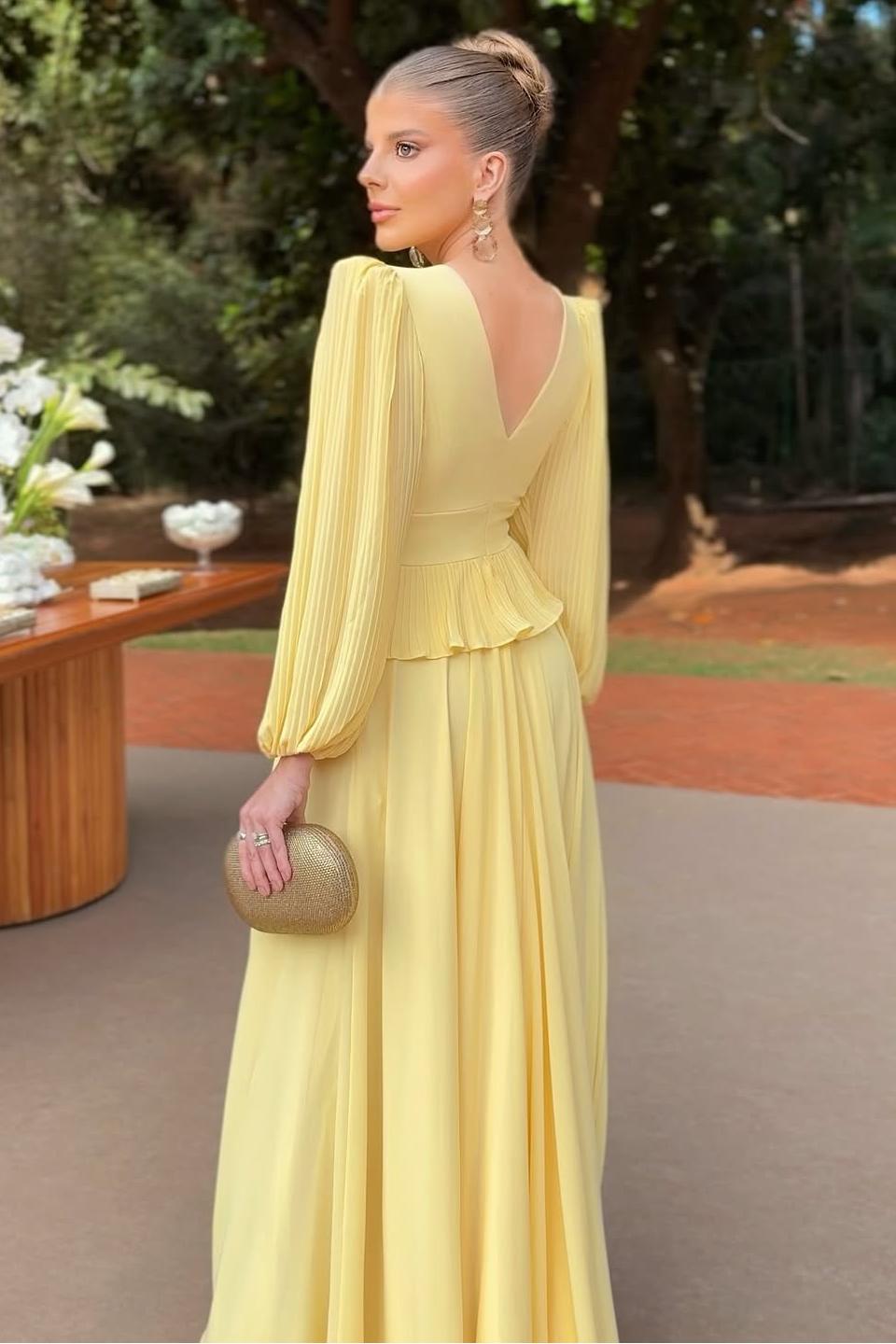 Yellow A Line Prom Dress Long Sleeve V Neck Evening Dress