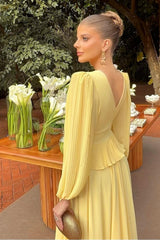 Yellow A Line Prom Dress Long Sleeve V Neck Evening Dress