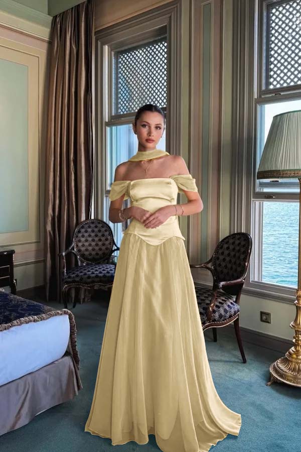 Yellow A Line Prom Dress Off the Shoulder Evening Dress