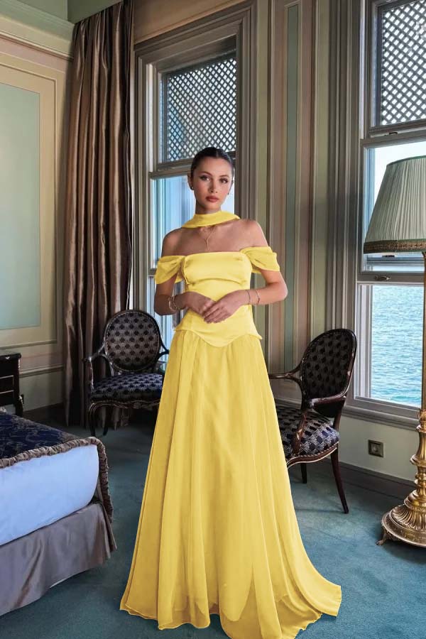 Yellow A Line Prom Dress Off the Shoulder Evening Dress