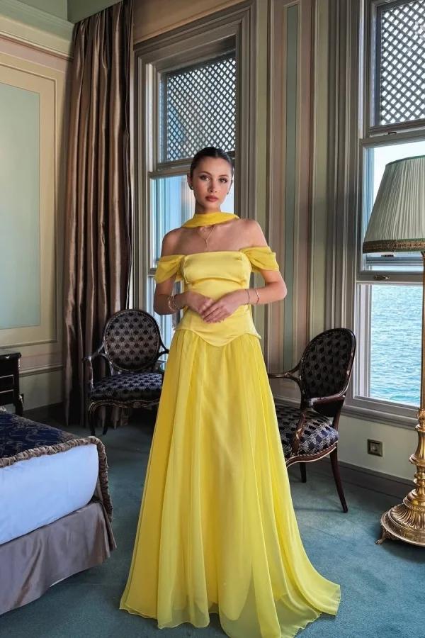 Yellow A Line Prom Dress Off the Shoulder Evening Dress